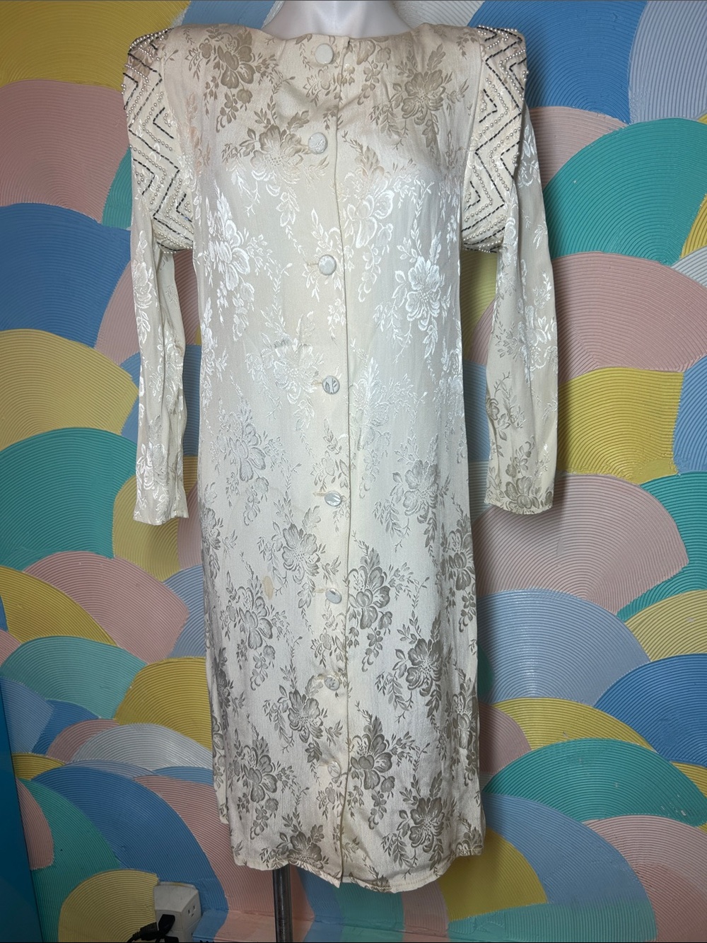 Vintage 80s Ivory Floral Jacquard Long Coat Dress Bridal Beaded shoulder detail